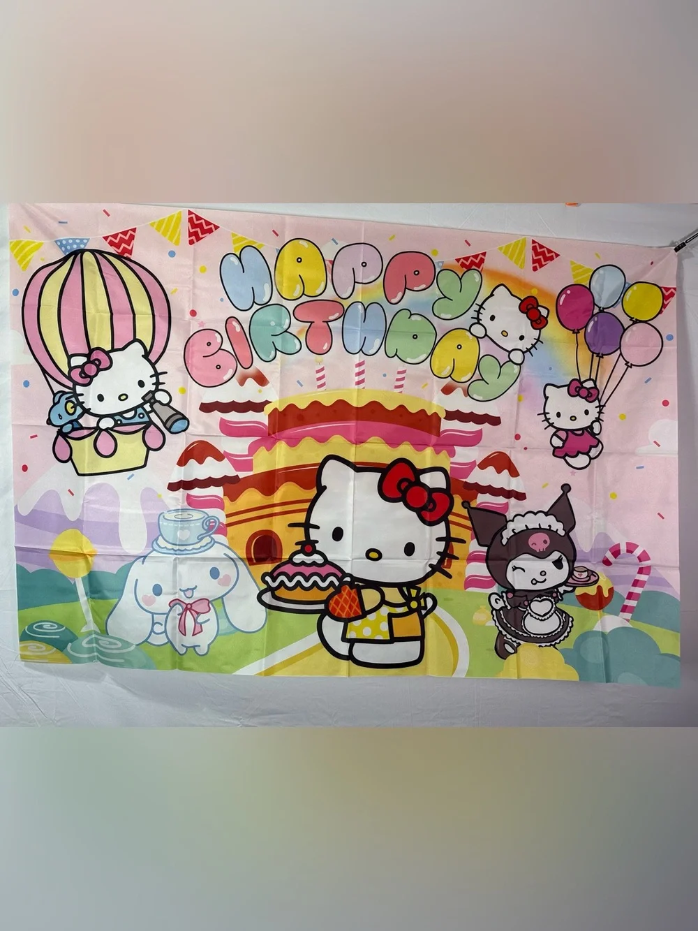 Hello Kitty Cinnamoroll Kuromi Happy Birthday Backdrop Banner 5x3Ft.